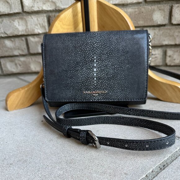 KARL LAGERFELD PARIS STRUCTURED FLAP OVER CROSSBODY CLUTCH BLACK GREY - Picture 1 of 14